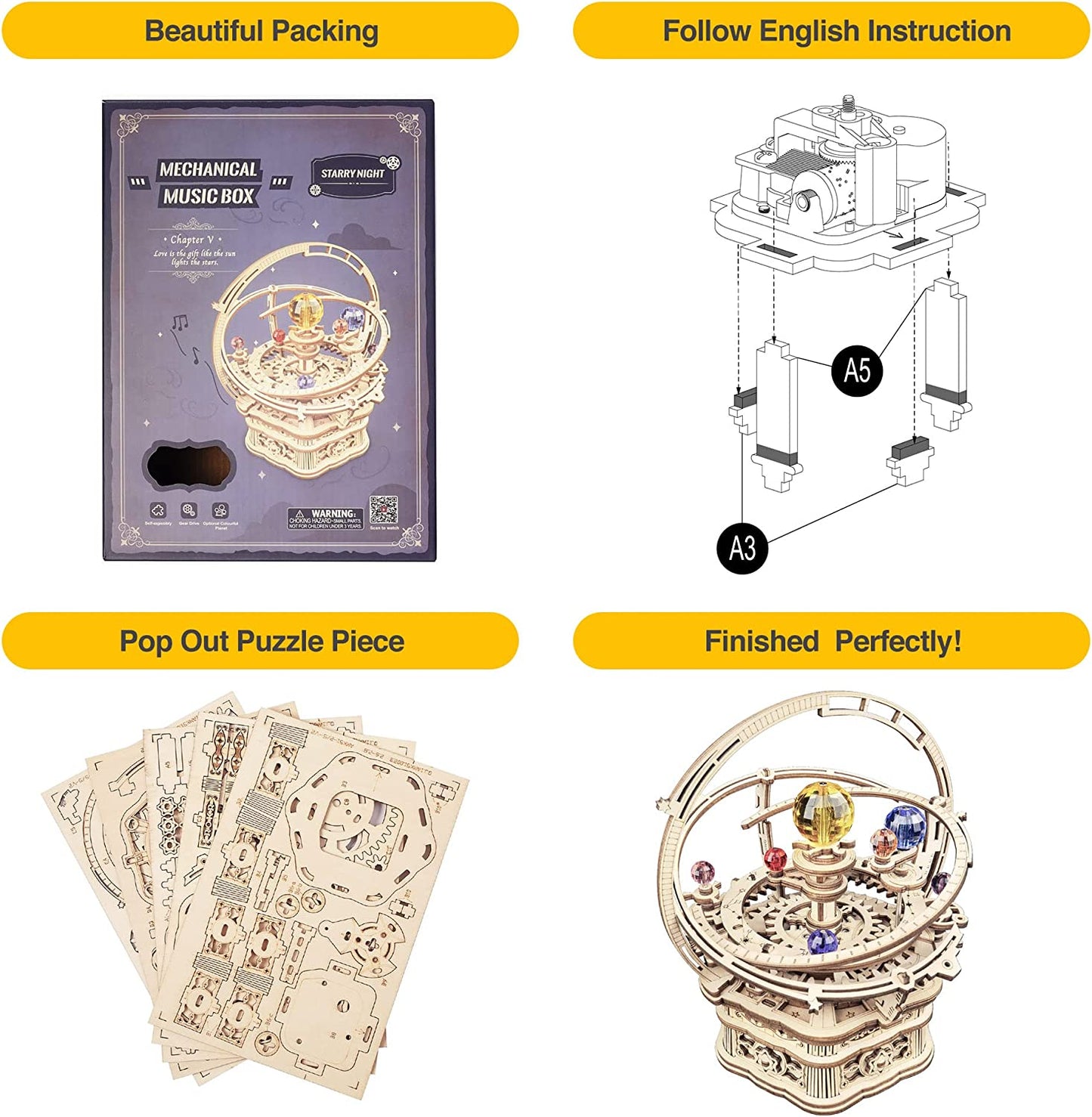 ROKR Rotating Starry Night Mechanical Music Box 3D Wooden Puzzle Assembly Model Building Kits Toys For Children Kids - AMK51